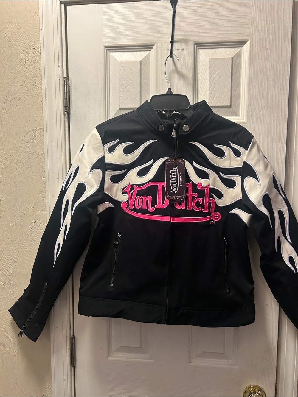 Von Dutch Black Jacket with White Flame Panels and Pink Logo Embroidery